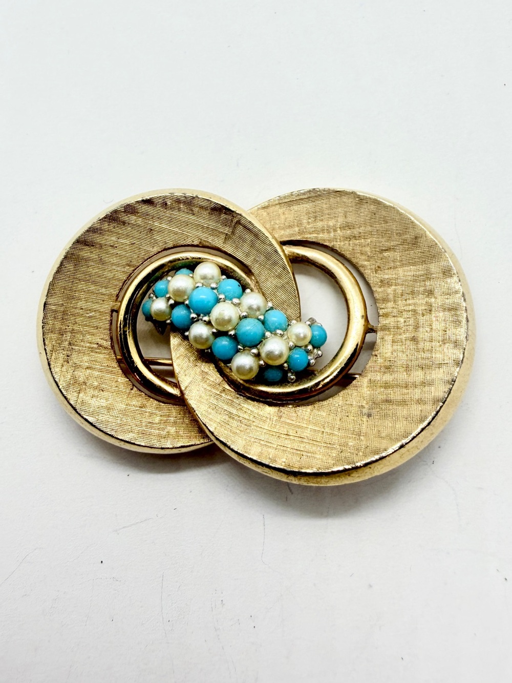 Vintage Marcel Boucher Faux Turquoise & Pearl Brooch Pin Interlocking Circle